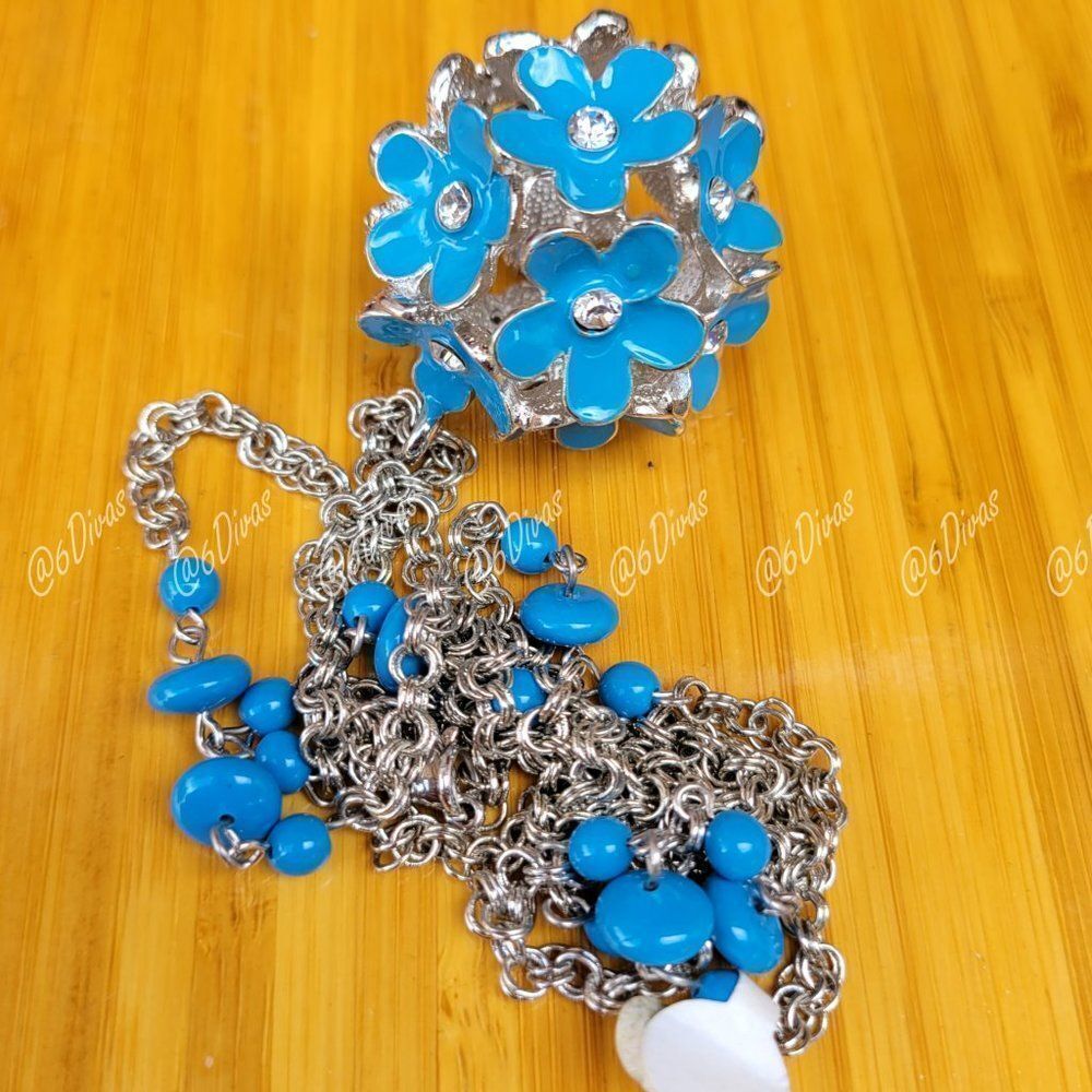 Statement Blue Flower Pendant Long Necklace